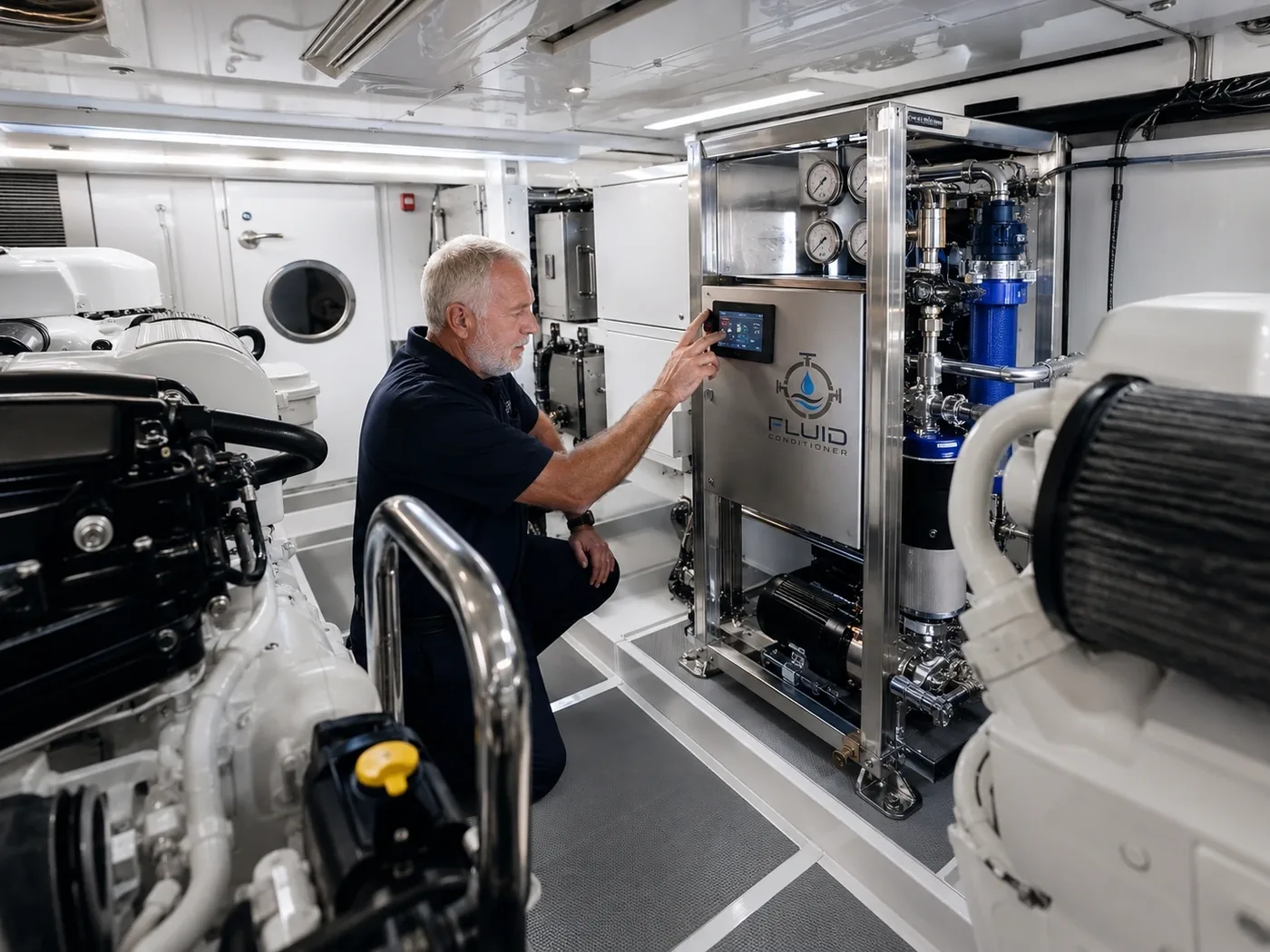 Luxury yacht engine room Fluid Conditioner system