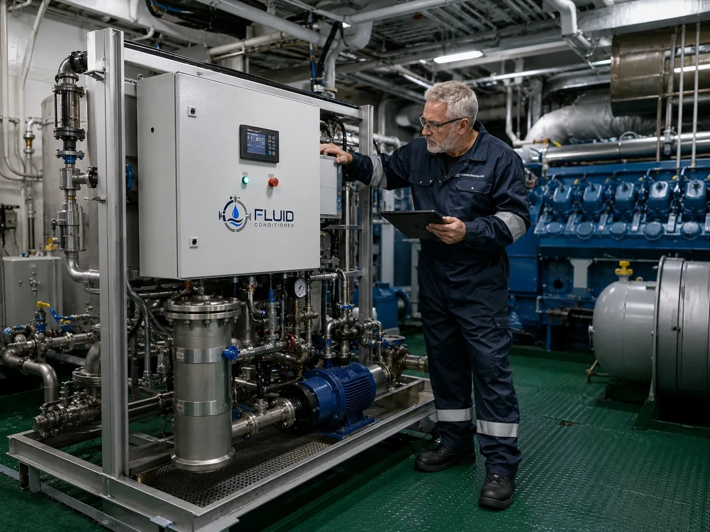 Commercial ship engine room fluid conditioning